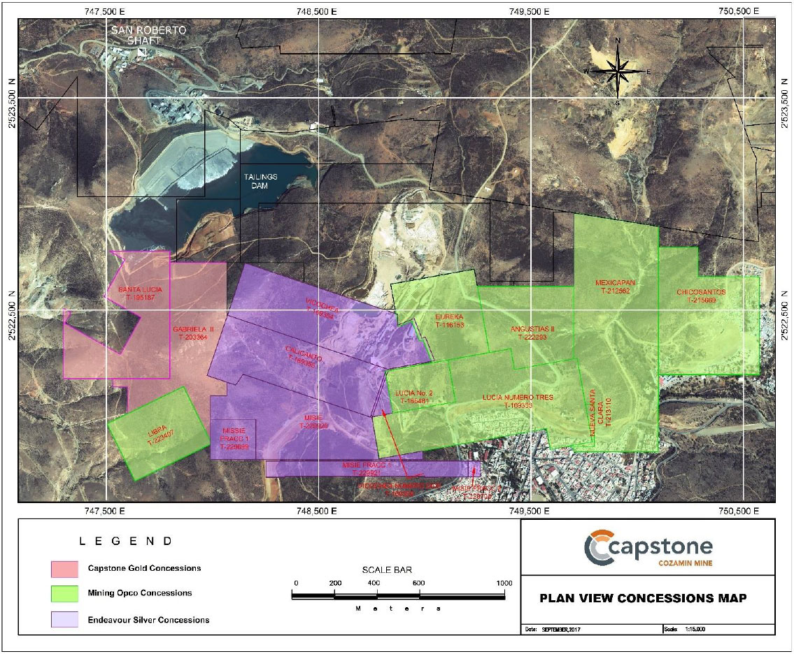 Plan view map superimposing the Endeavour concessions and an aerial photograph of the existing mine workings (Reference: Capstone Endeavour Division Agreement)